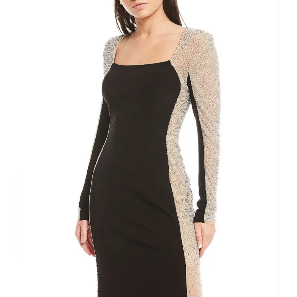 NWT Escape Caviar Beaded Mesh Panel Long Sleeve Sheath Gown Size 14 - Picture 5 of 6